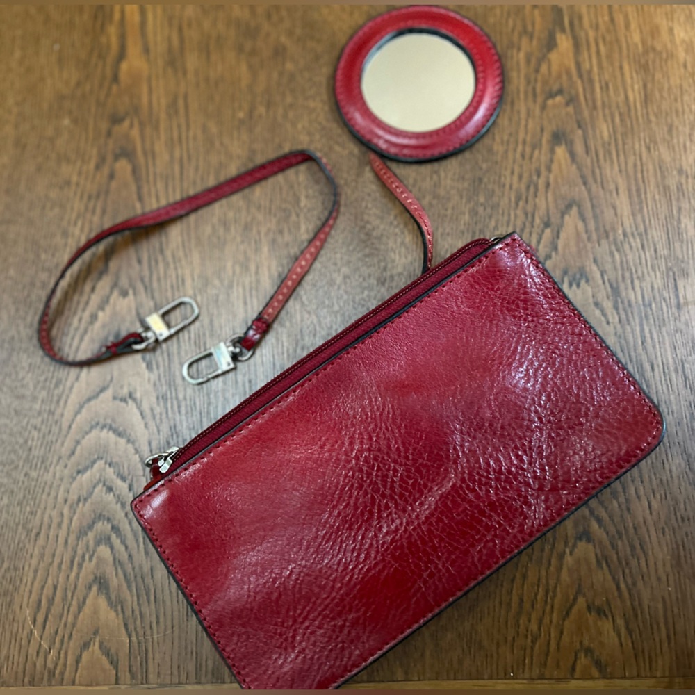 Genuine Leather mini wallet/clutch/w detachable strap and attached mirror. 4x7.5